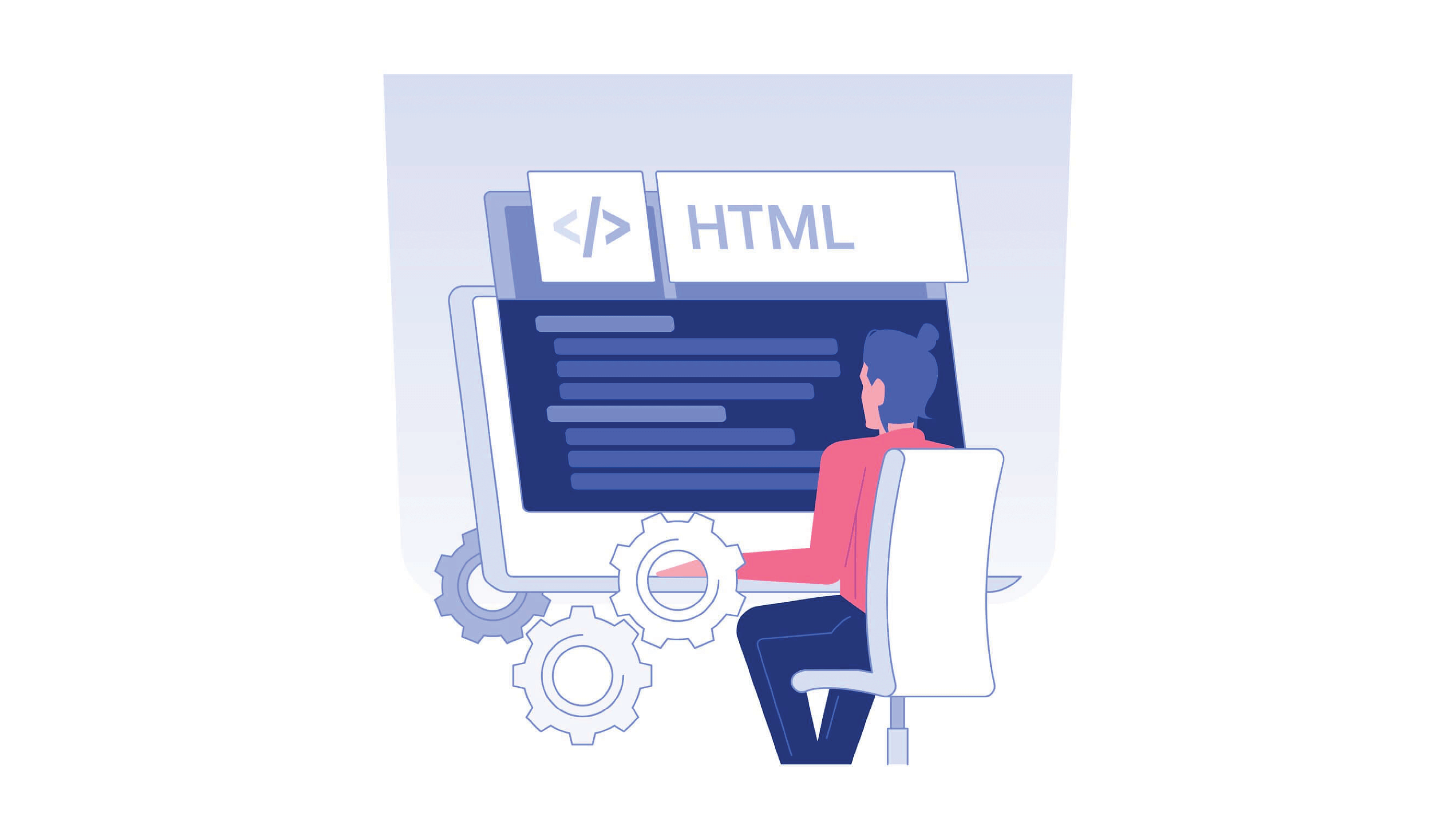 Illustration of a person at a desk with an oversized monitor screen with mock HTML code.