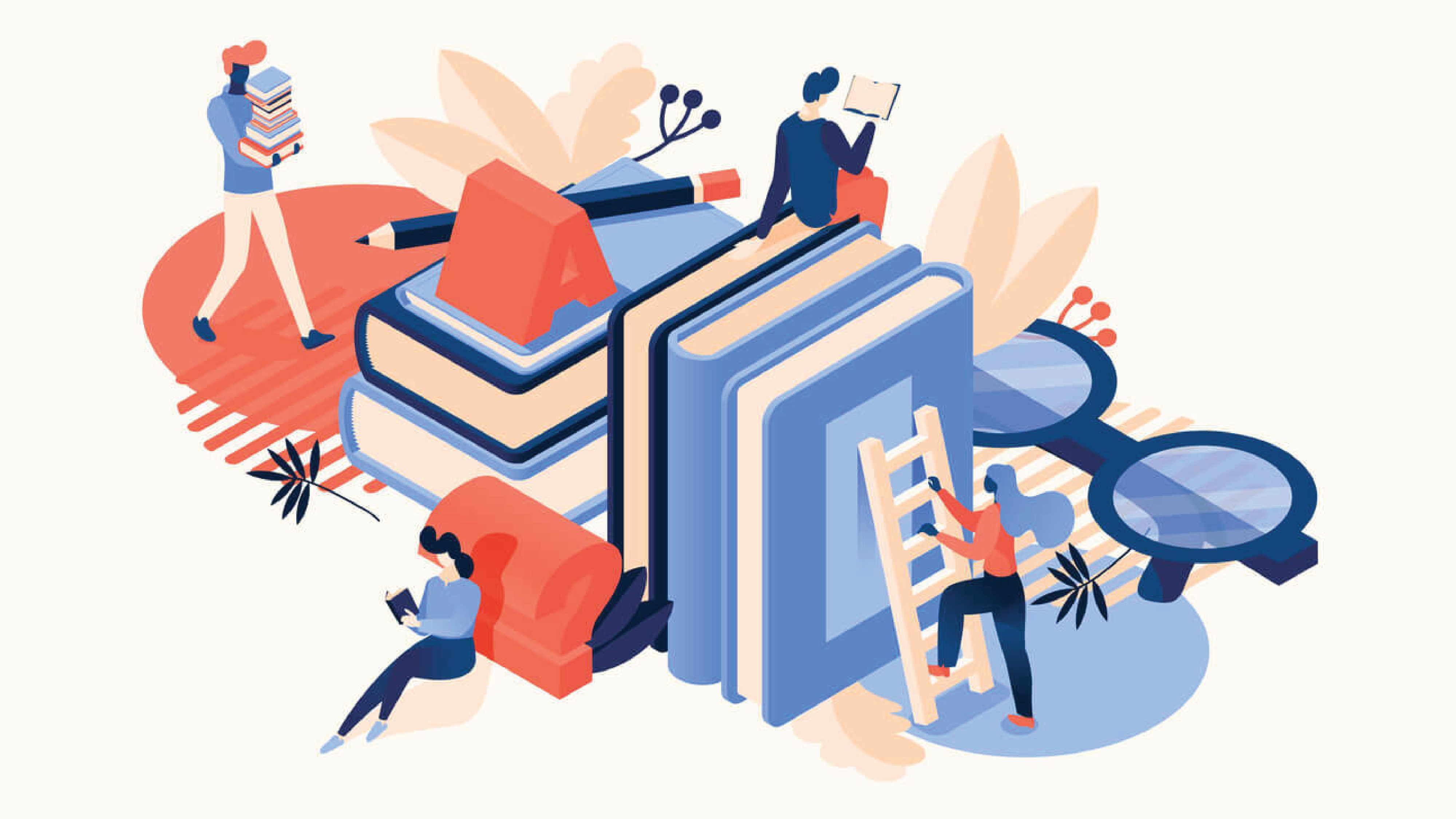 Illustration of humans on huge books, also reading books.