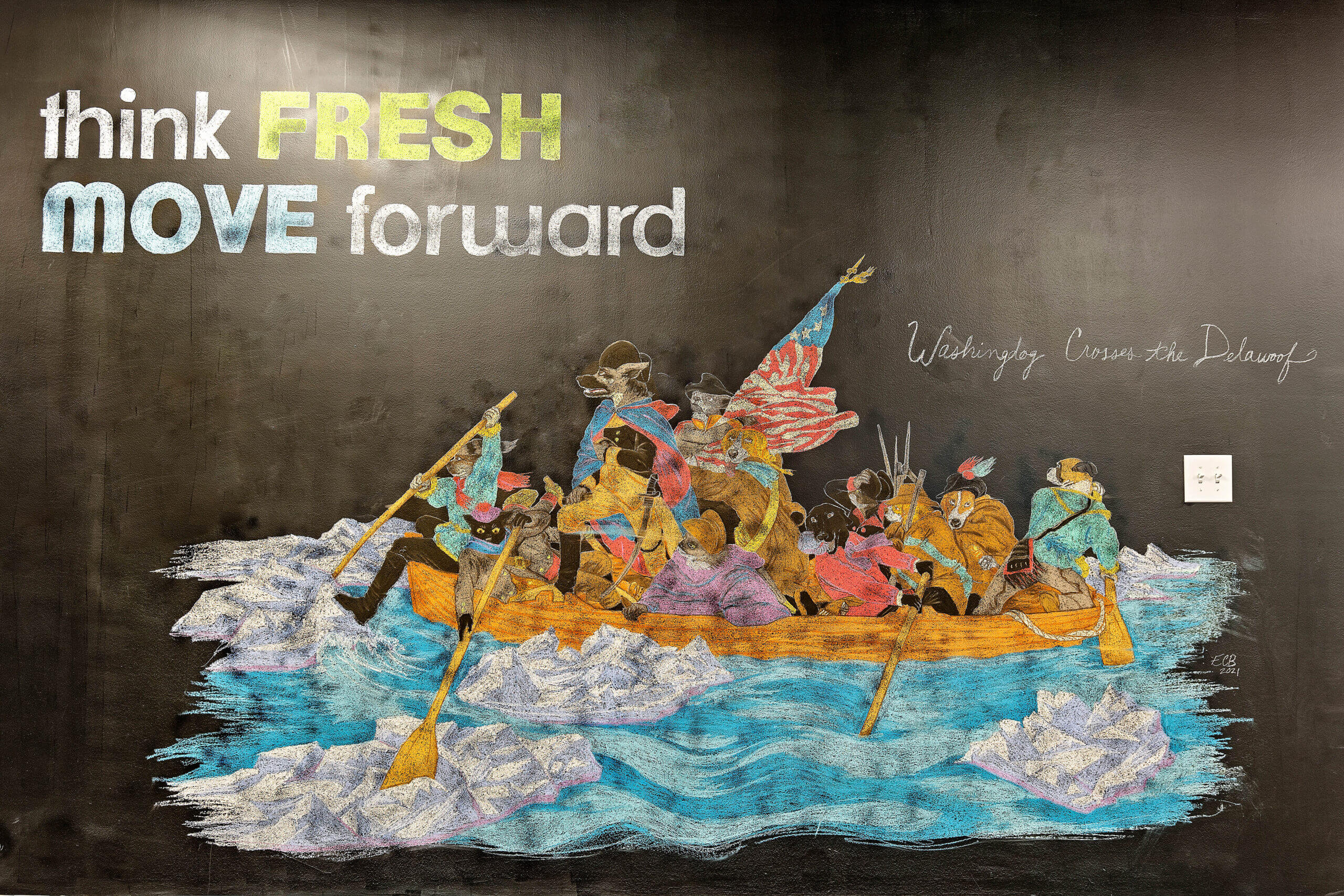 Chalk mural of our pets in the style of George Washington crossing the Delaware, titled George Woofington Crosses the Delawoof in the front of our office