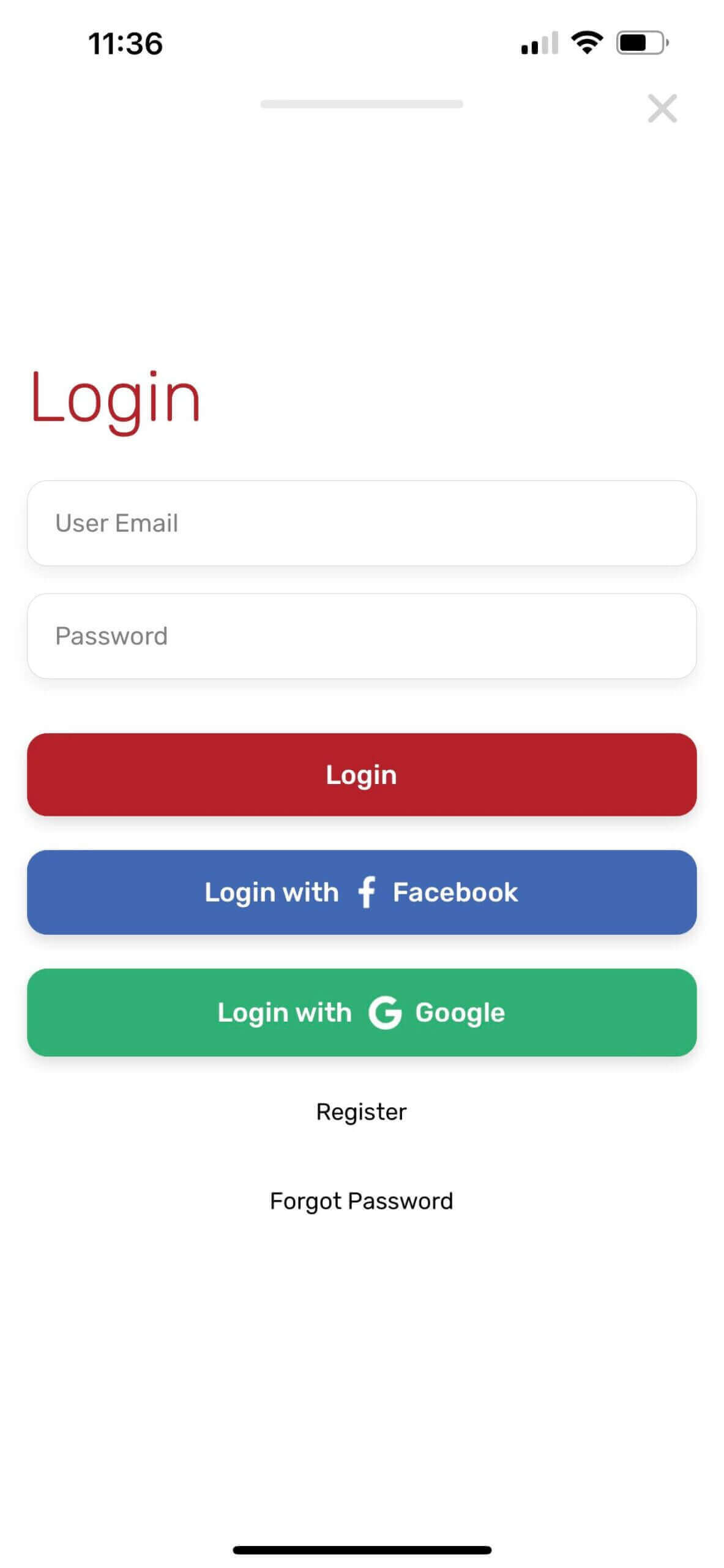 Login page for the Casas app