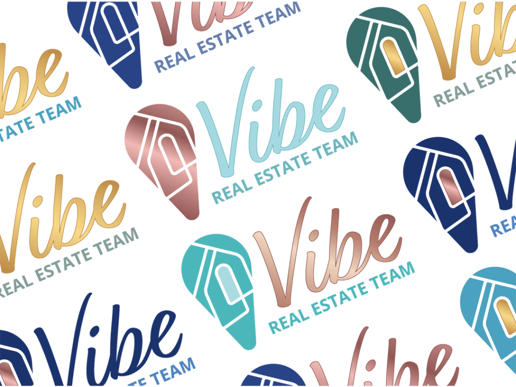 Logo for Vibe Real Estate Team, a pin shaped logo with a home inside with Vibe in serif font to the right of it