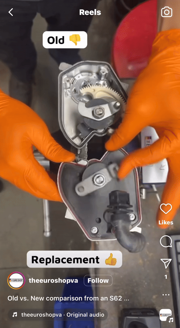 Gif showing someone demonstrating why a car part is defective and how the replacement correctly works